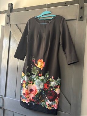 Black Floral-Print Midi Dress with Round Neck